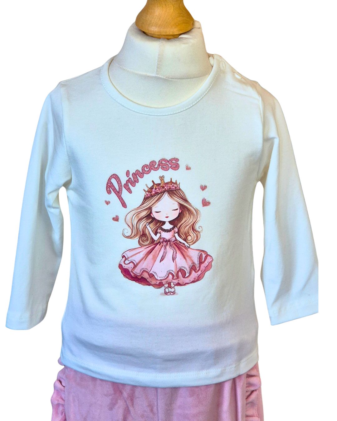 Girls cream princess top with pink velour trousers