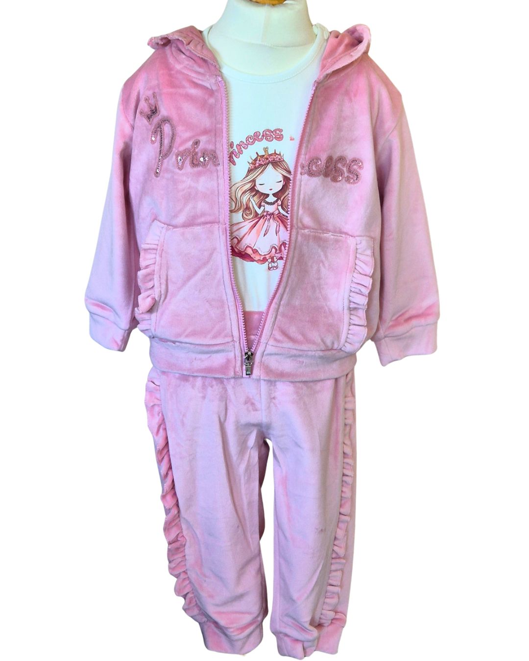 Girls pink velour princess 3 piece set with cream top, ruffle trousers and sequin hoodie