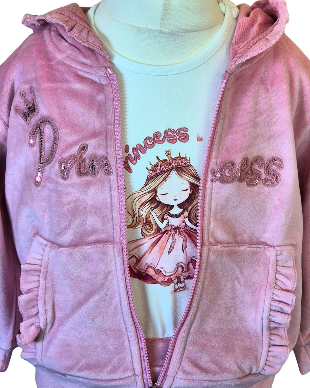 Girls pink velour leisure set with ruffled pockets