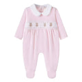 Pink baby girls sleepsuit with embroidered teddy bears