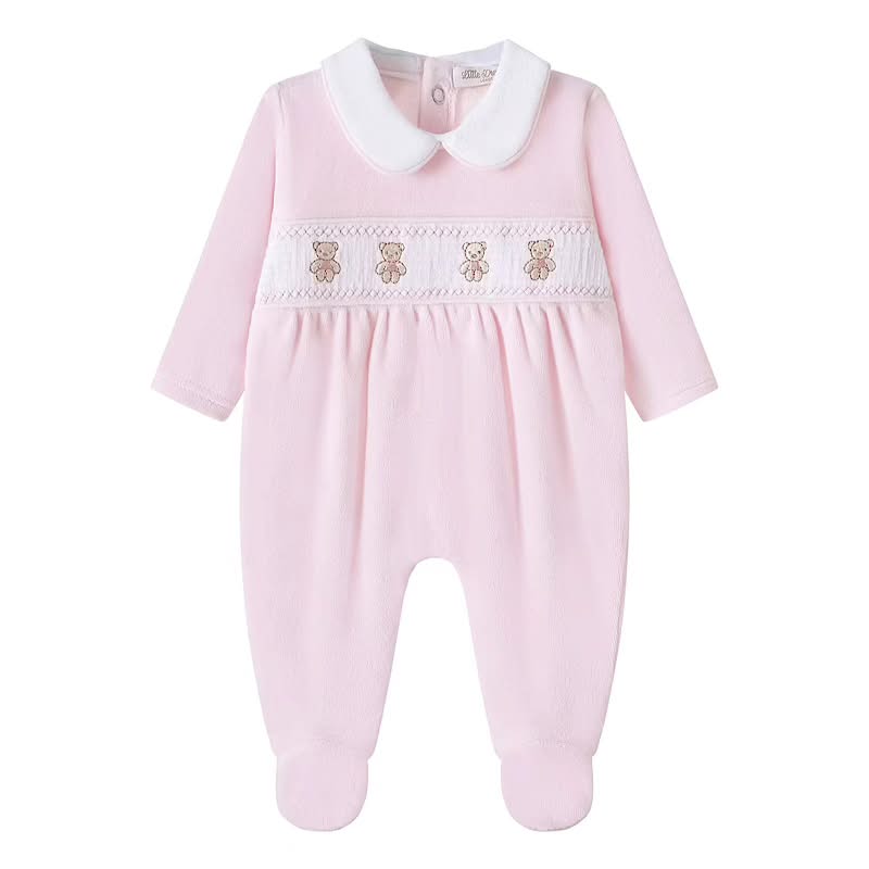 Pink baby girls sleepsuit with embroidered teddy bears