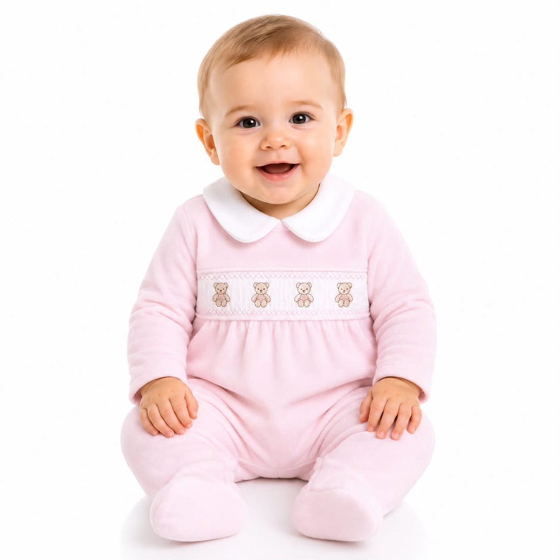 Pink velour smocked teddy bear sleepsuit