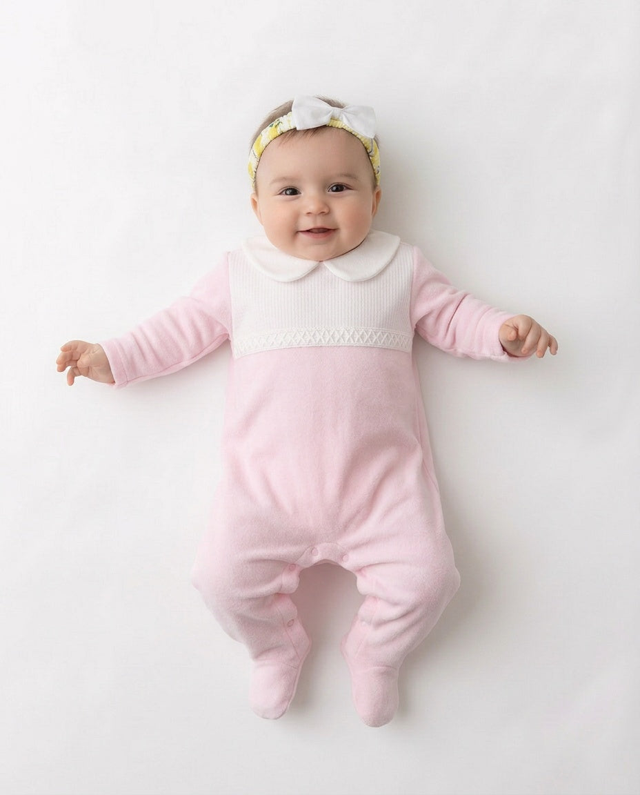 Baby girls pink and ivory sleepsuit