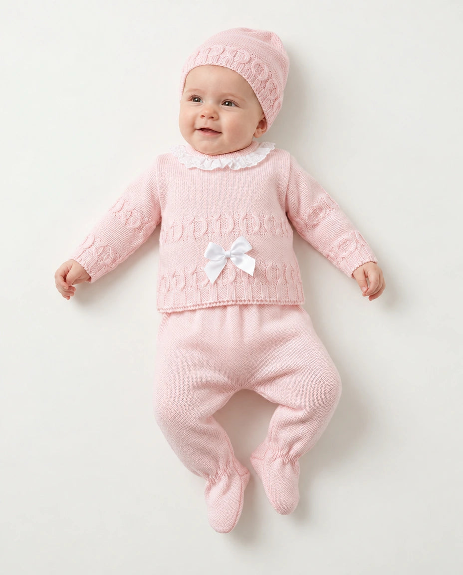 Baby girls’ pink chain cable knitted three-piece set by Fruit De Ma Passion