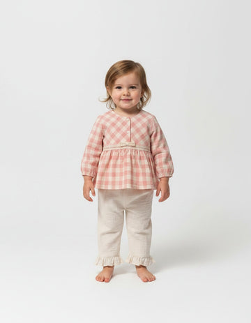Tongs pink checked swing top and cream frill trousers set