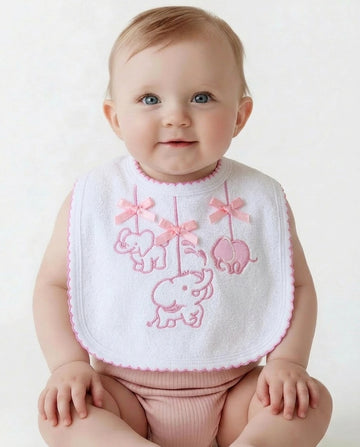 Pink embroidered elephant baby bib