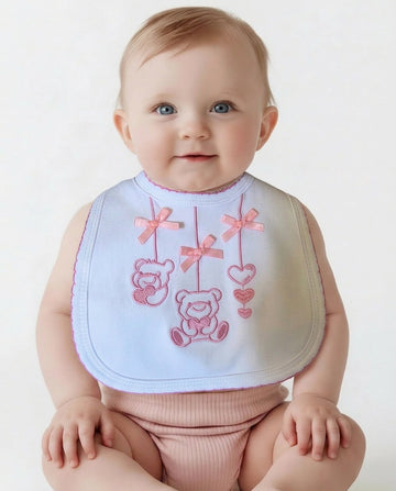 Pink embroidered teddy bear baby bib
