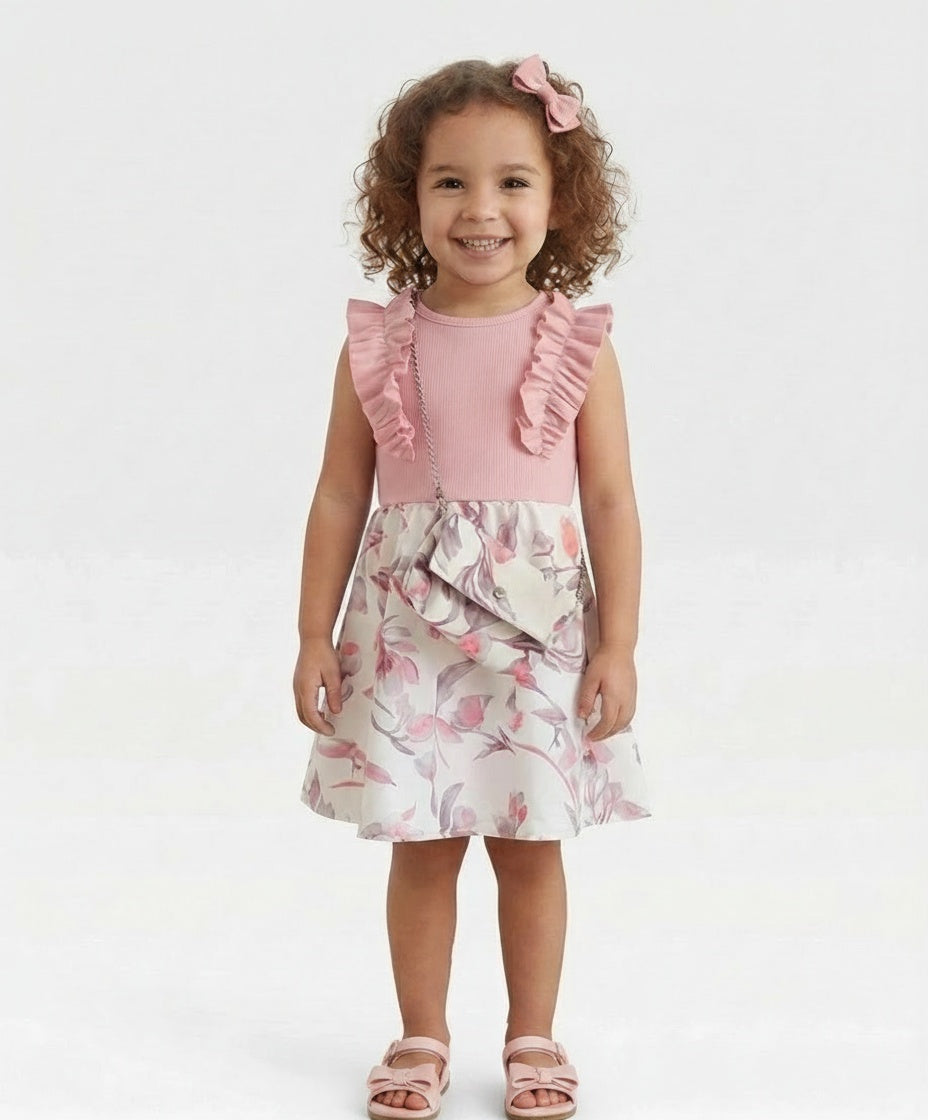 Girls pink floral frill dress with matching shoulder bag
