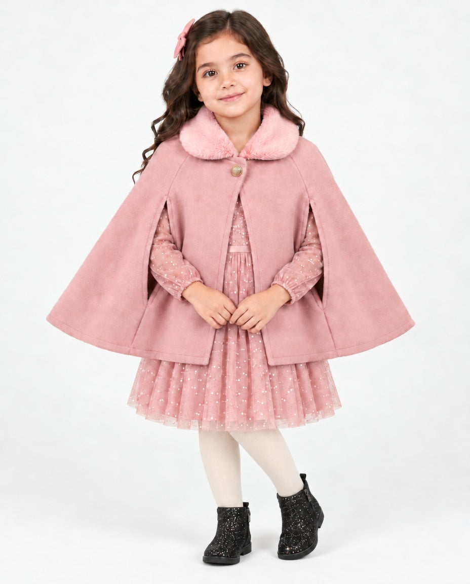 Girls’ dusky pink cape with faux fur collar