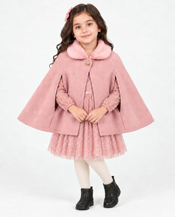 Girls’ dusky pink cape with faux fur collar