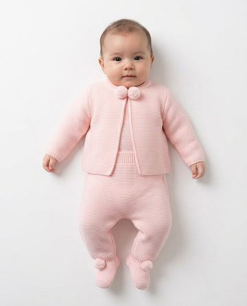 Pink Knitted Pom Pom Baby Set | Portuguese Knitwear