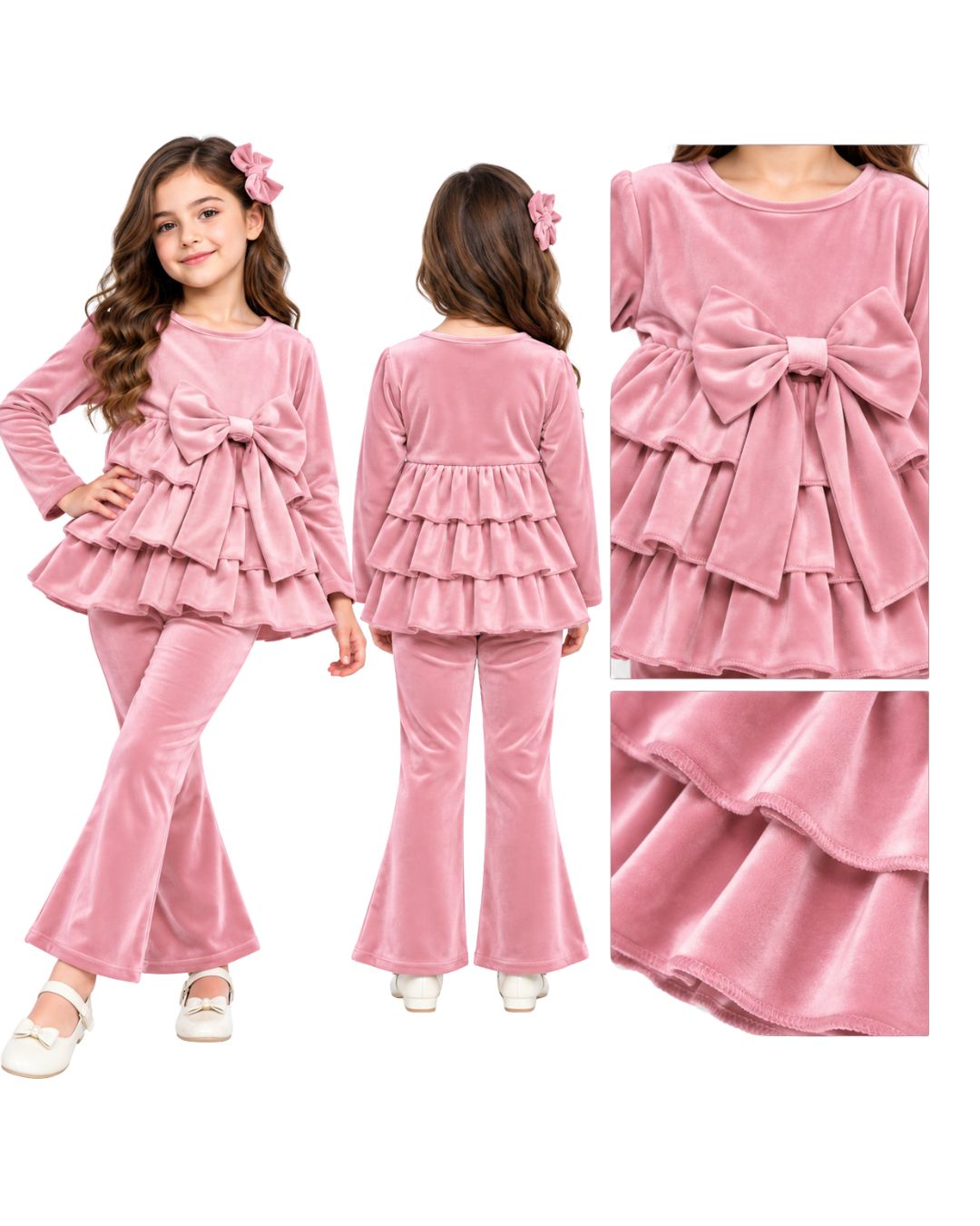 Girls’ pink velour tiered top and matching leggings set