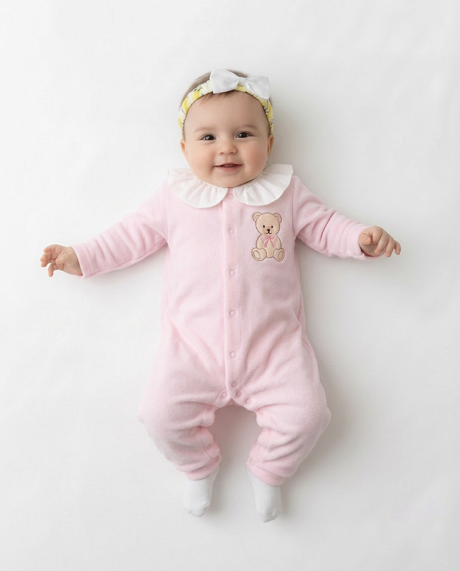 Pink teddy bear embroidered sleepsuit