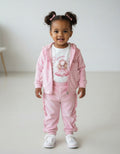 Girls pink velour princess 3 piece set with cream top, ruffle trousers and sequin hoodie
