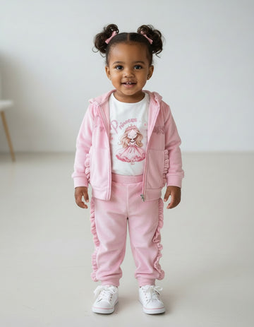Girls pink velour princess 3 piece set with cream top, ruffle trousers and sequin hoodie