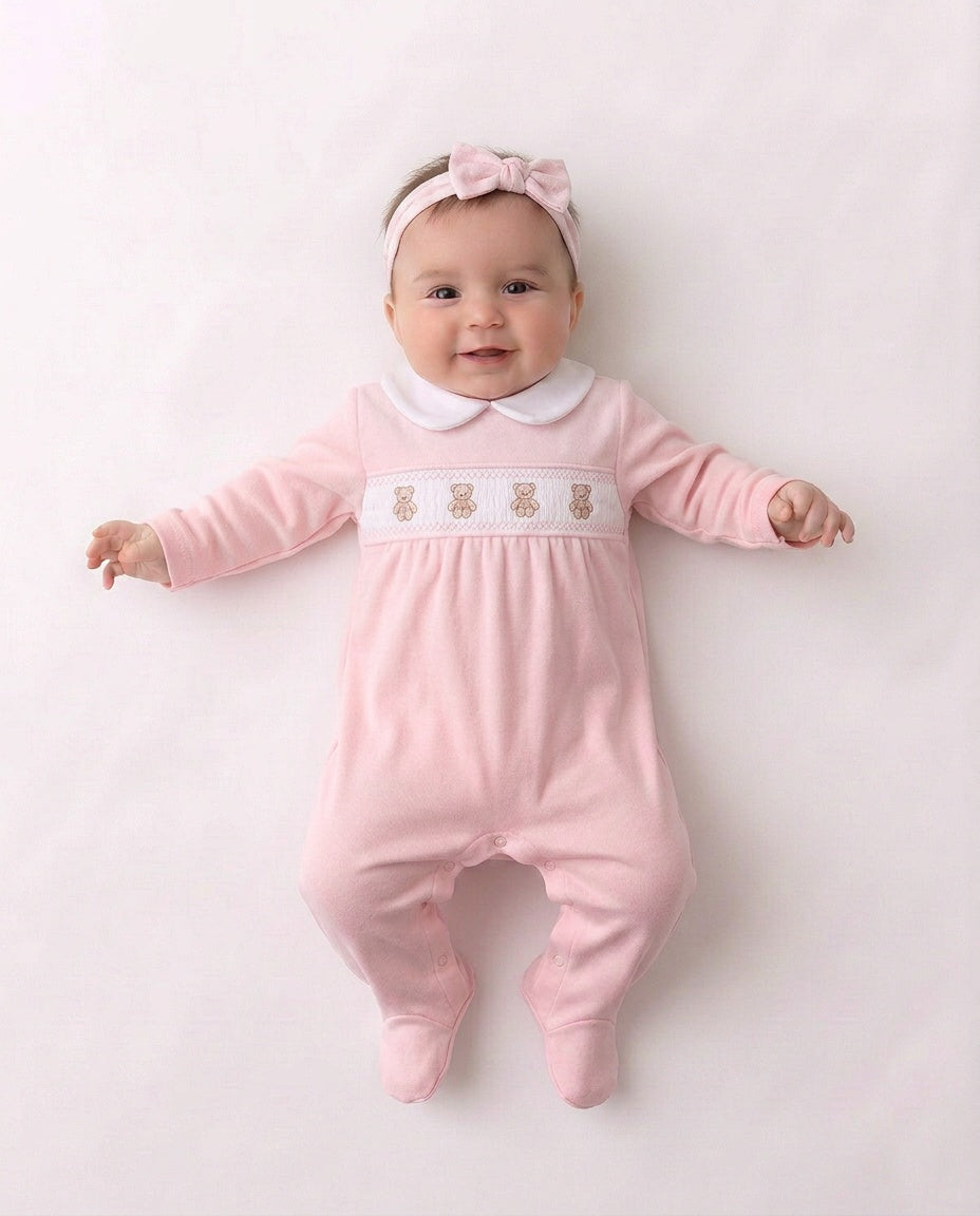 Pink velour smocked teddy bear sleepsuit