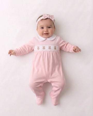 Pink velour smocked teddy bear sleepsuit