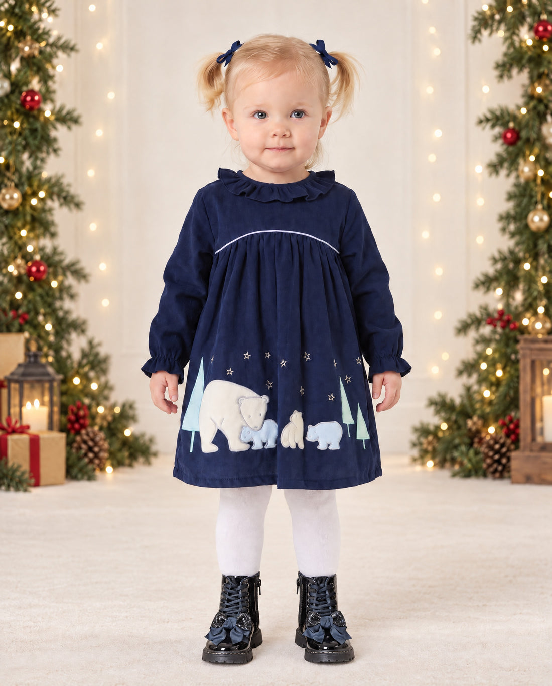 Girls’ navy needlecord dress with polar bear family appliqué by Watch Me Grow