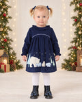 Girls’ navy needlecord dress with polar bear family appliqué by Watch Me Grow