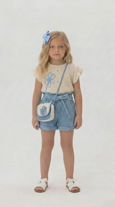 Girls denim shorts and flower top set with bag