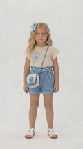 Girls denim shorts and flower top set with bag