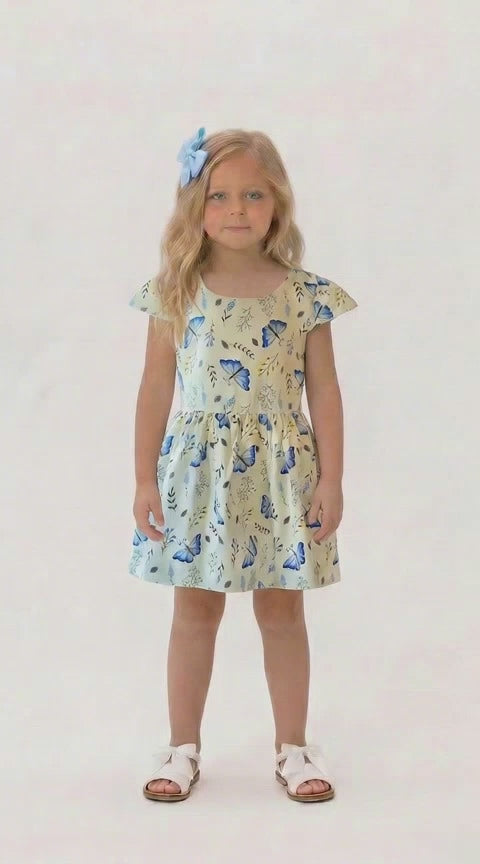 Girls blue butterfly print summer dress with full skirt