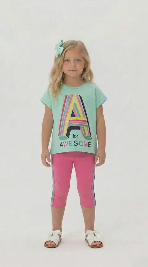 Girls awesome t-shirt and leggings set mint green pink