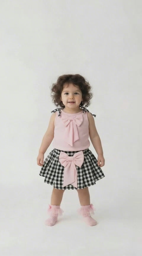 toddler in a black and white gingham skirt with pink bow and a pink top with gingham shoulder ties on a light background