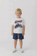 Boys white motorbike t-shirt and navy shorts set