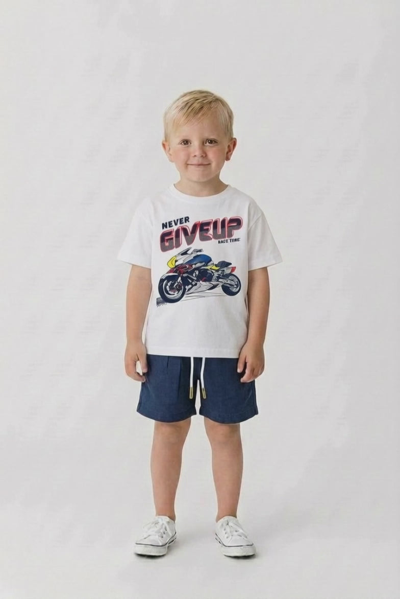 Boys white motorbike t-shirt and navy shorts set