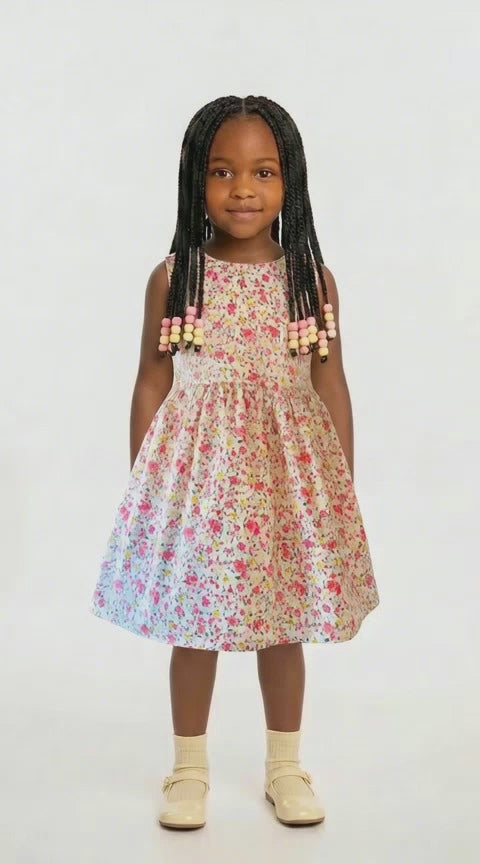 Girls pink floral summer dress with full skirt