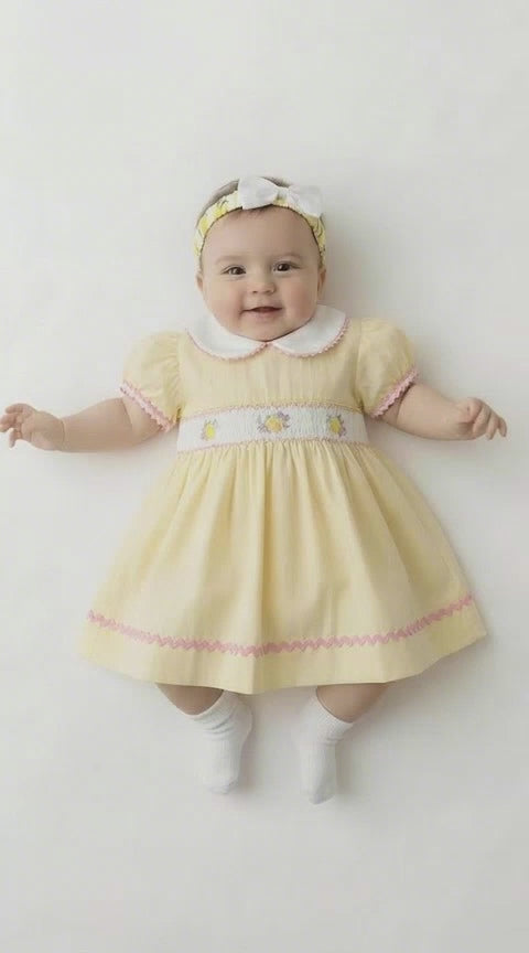 baby girl lemon dress set with headband and knickers UK