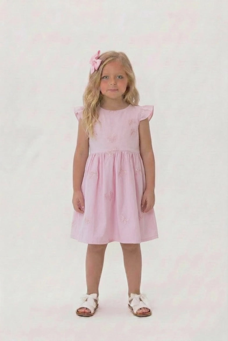 Girls pink embroidered butterfly dress