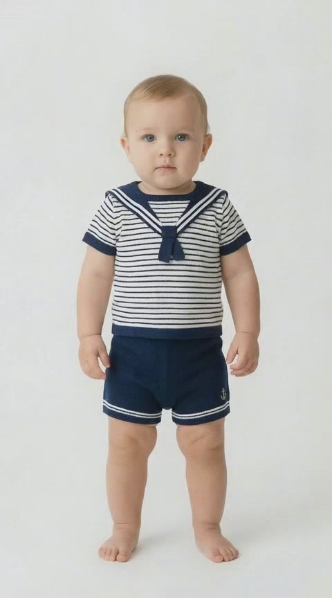 toddler boy in a navy and white striped sailor top and shorts set