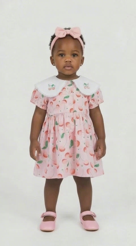 Baby girls pink cherry dress with headband and knickers