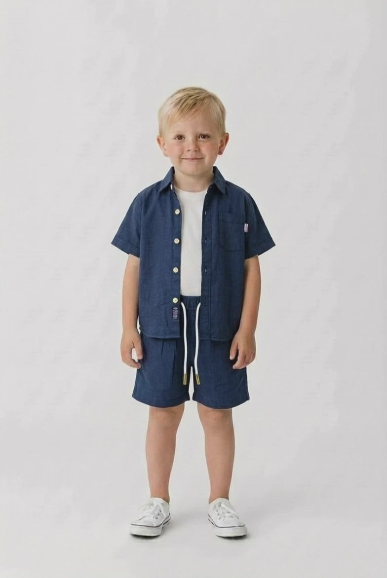 Boys navy linen 3 piece shorts set