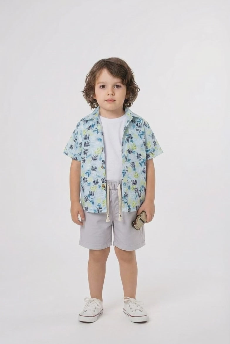 Boys pale blue tropical 3 piece shorts set