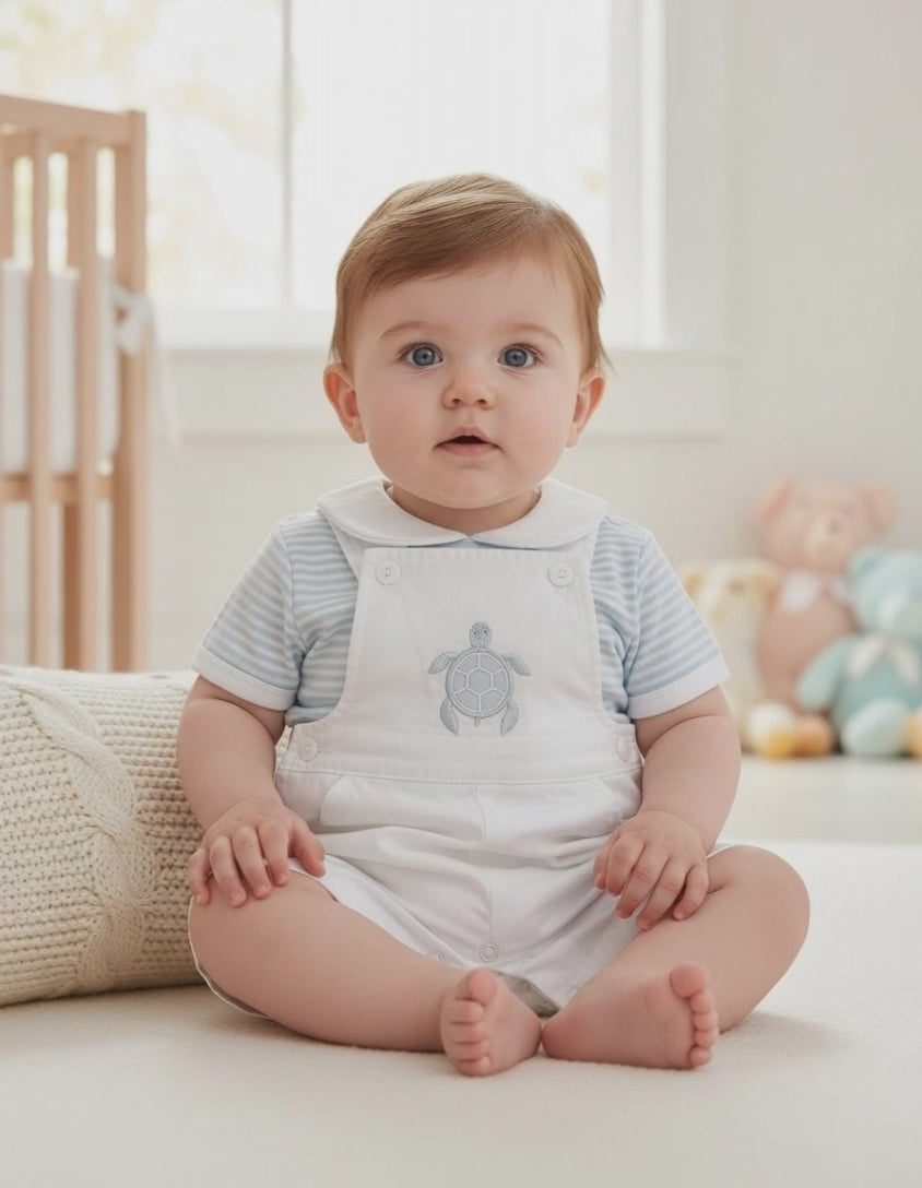 Nursery Time white turtle dungaree set