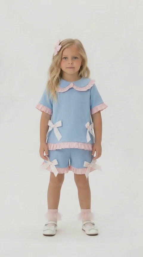girls baby blue frill shorts and top set with pink bows