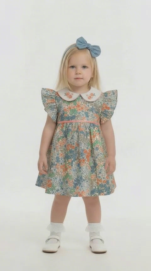 baby girls green and coral floral dress with headband and knickers