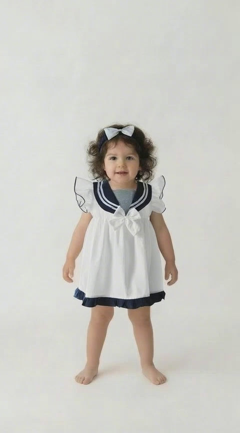 baby girls white and navy sailor dress set with headband