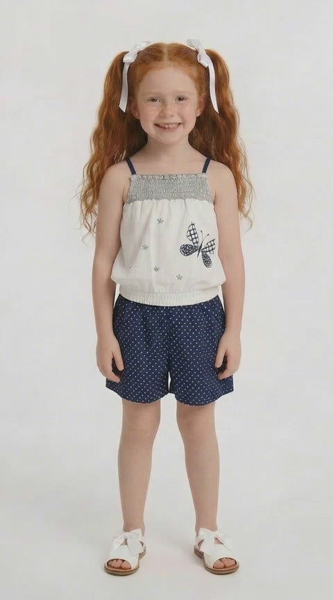 Children’s blue polka dot summer playsuit with butterfly detail