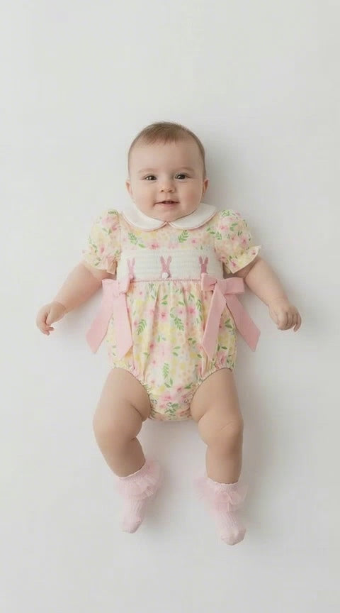 baby in a lemon floral romper with smocked rabbits on the chest and a white peter pan collar edged in pale pink on a light background.