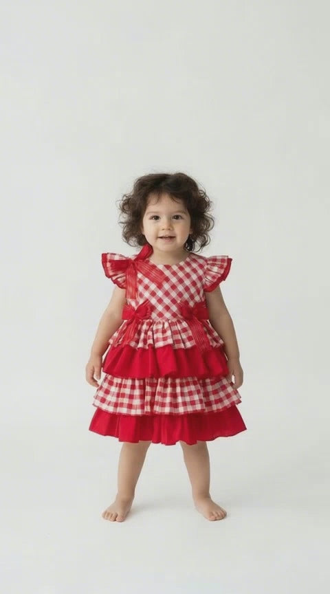 Video of a toddler with black curly hair in a red and white gingham check tiered dress.  Smiling and swaying her hips.