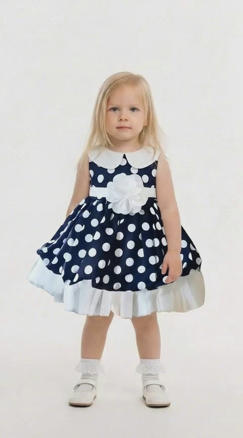 blonde hair girl in a navy and white polka dot dress with white band and white flower at the waistline on a pale background