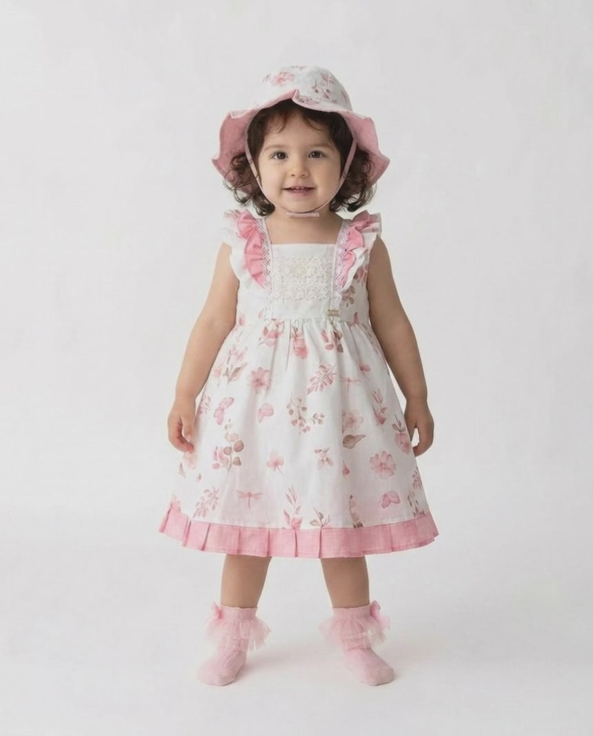 Girls pink floral dress with sunhat