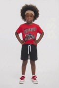 Boys red motorbike t-shirt and black shorts set