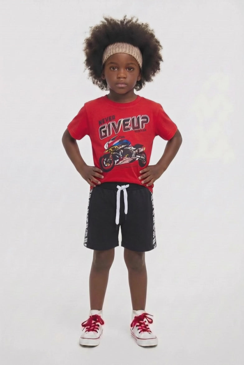 Boys red motorbike t-shirt and black shorts set