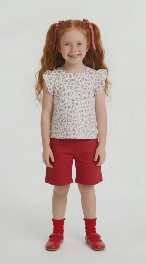 Girls red knee-length shorts and white floral top summer outfit ages 2–5