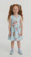 Girls blue floral summer dress vintage rose print